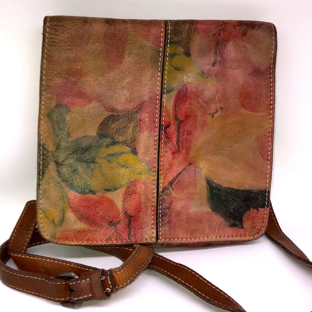 Patricia Nash brown floral leather soft cross body shoulder bag purse flap close